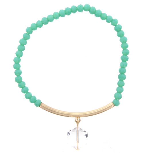 Mint Beaded Stretch Bracelet with Gold Bar and Hexagon Crystal