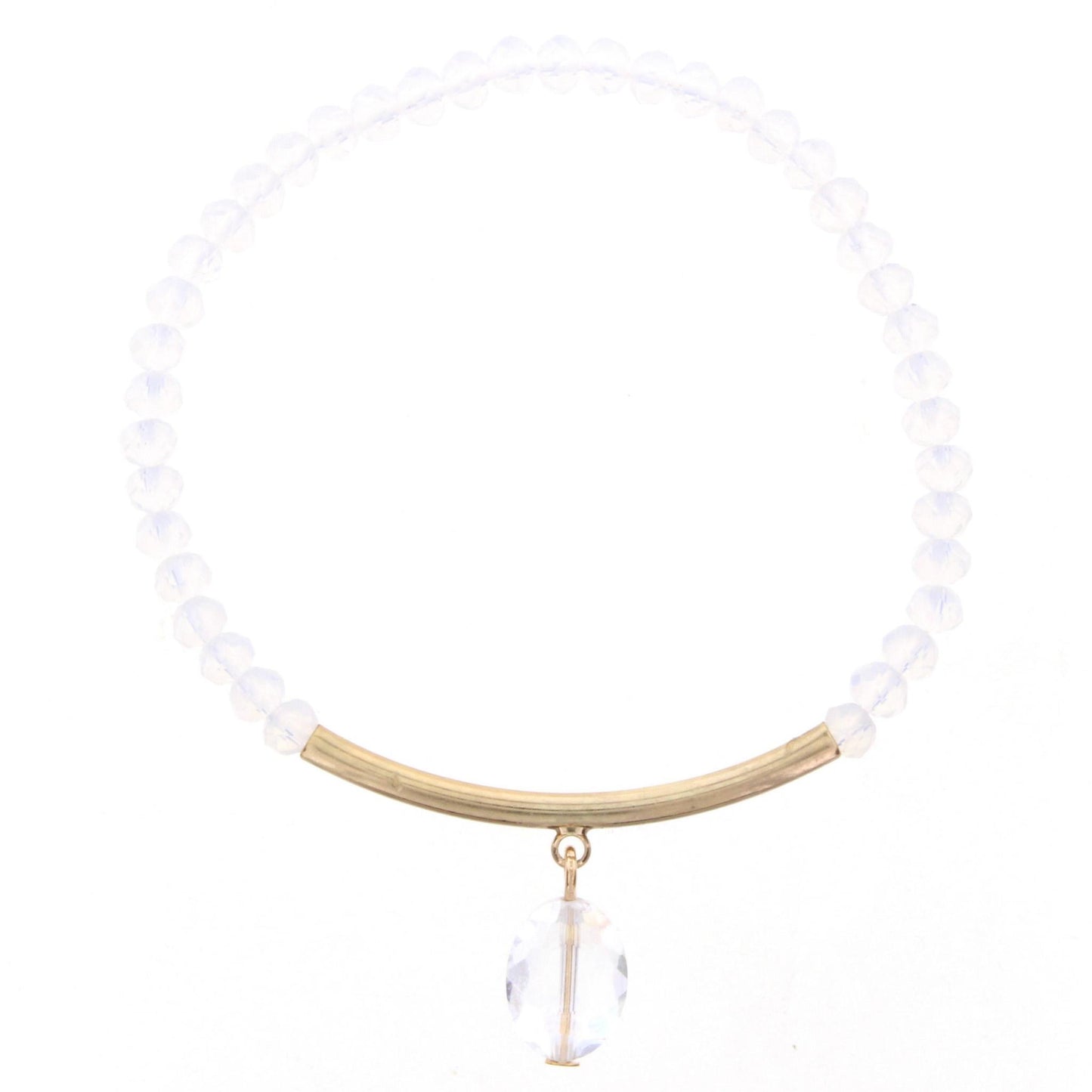 Moonstone Beaded Stretch Bracelet with Gold bar and Oval Crystal