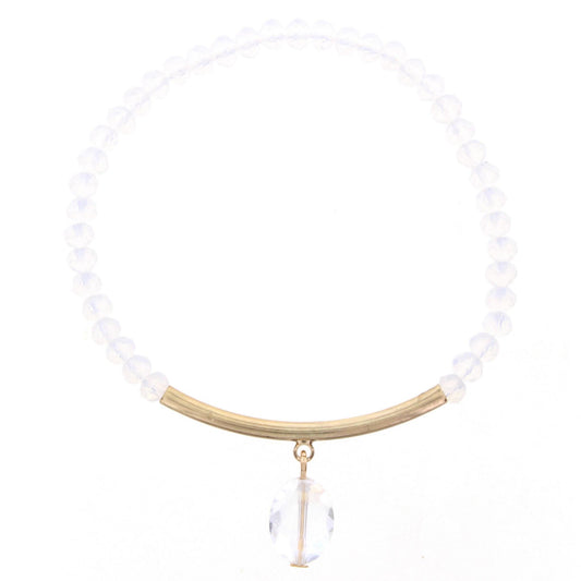 Moonstone Beaded Stretch Bracelet with Gold bar and Oval Crystal