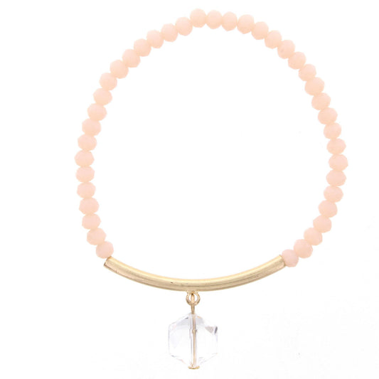 Peach Beaded Stretch Bracelet with Gold Bar and Hexagon Crystal
