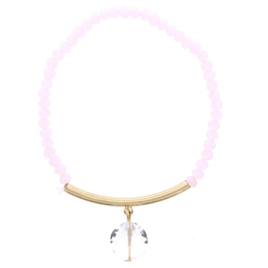 Pink Beaded Stretch Bracelet with Gold Bar and Oval Crystal