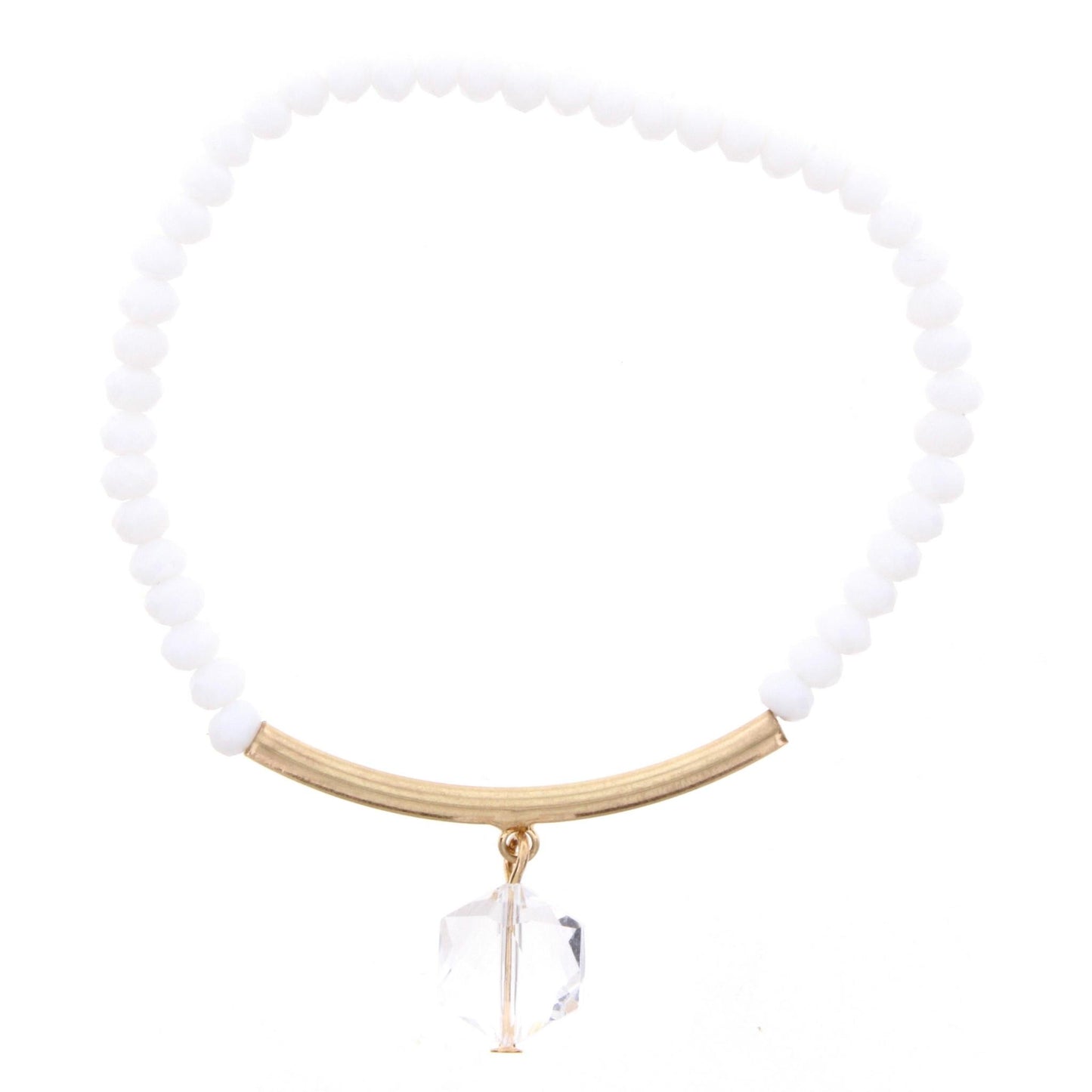 White Beaded Stretch Bracelet with Gold Bar and Hexagon Crystal