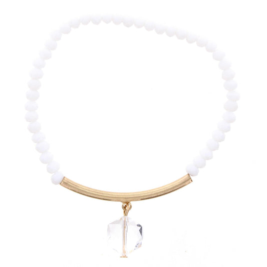 White Beaded Stretch Bracelet with Gold Bar and Hexagon Crystal