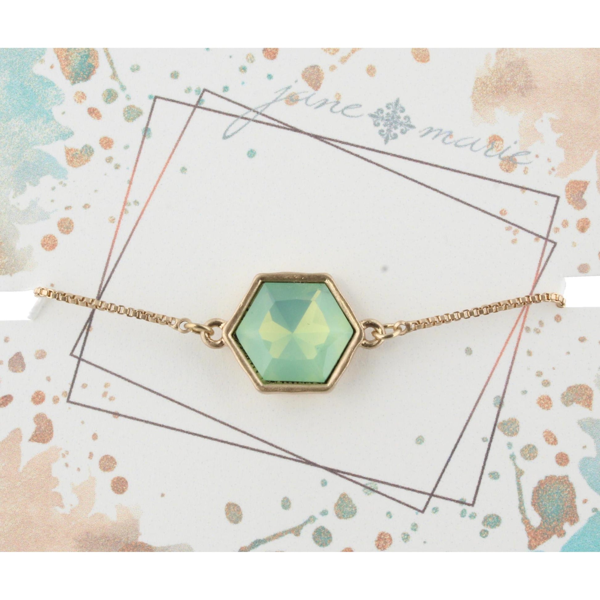 Gold Adjustable Chain Bracelet with Mint Hexagon Rhinestone
