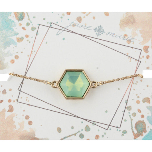 Gold Adjustable Chain Bracelet with Mint Hexagon Rhinestone