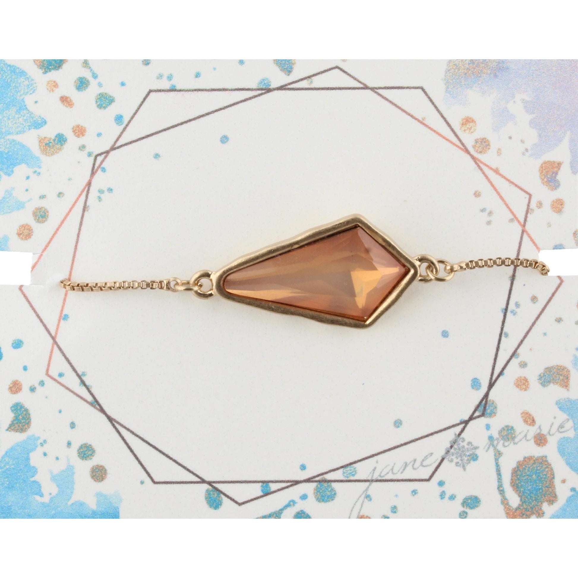 Gold Adjustable Chain Bracelet with Peach Pointed Teardrop Rhinestone