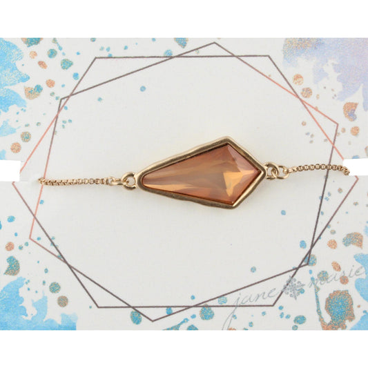 Gold Adjustable Chain Bracelet with Peach Pointed Teardrop Rhinestone