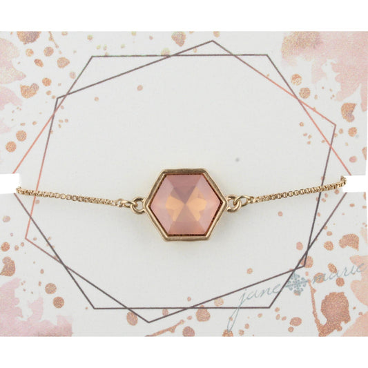 Gold Adjustable Chain Bracelet with Pink Hexagon Rhinestone