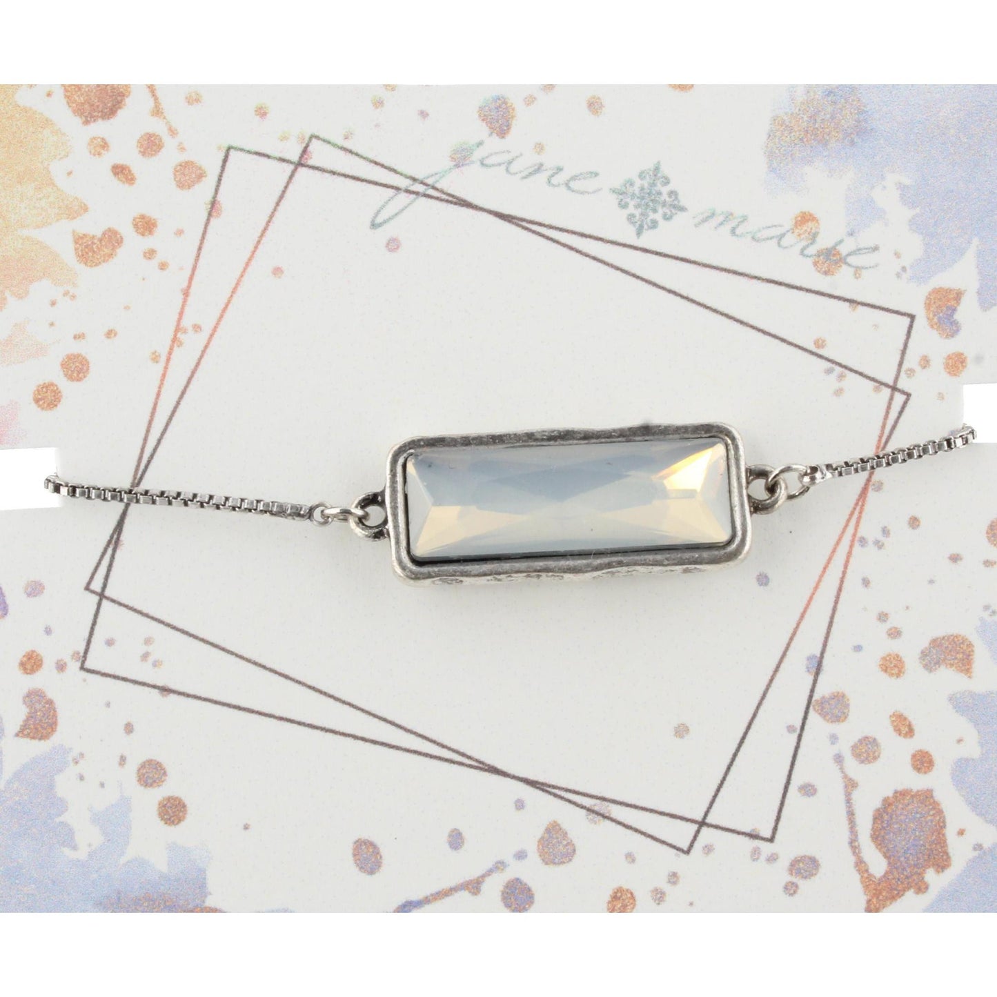 Silver Adjustable Chain Bracelet with Opal Rhinestone Rectangle