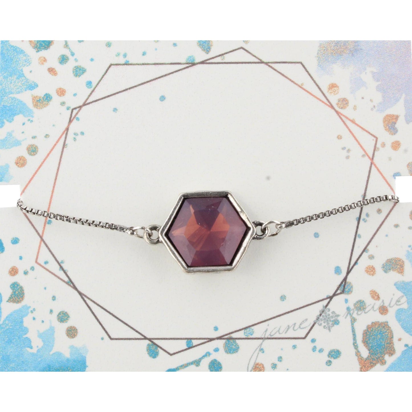 Silver Adjustable Chain Bracelet with Purple Hexagon Rhinestone