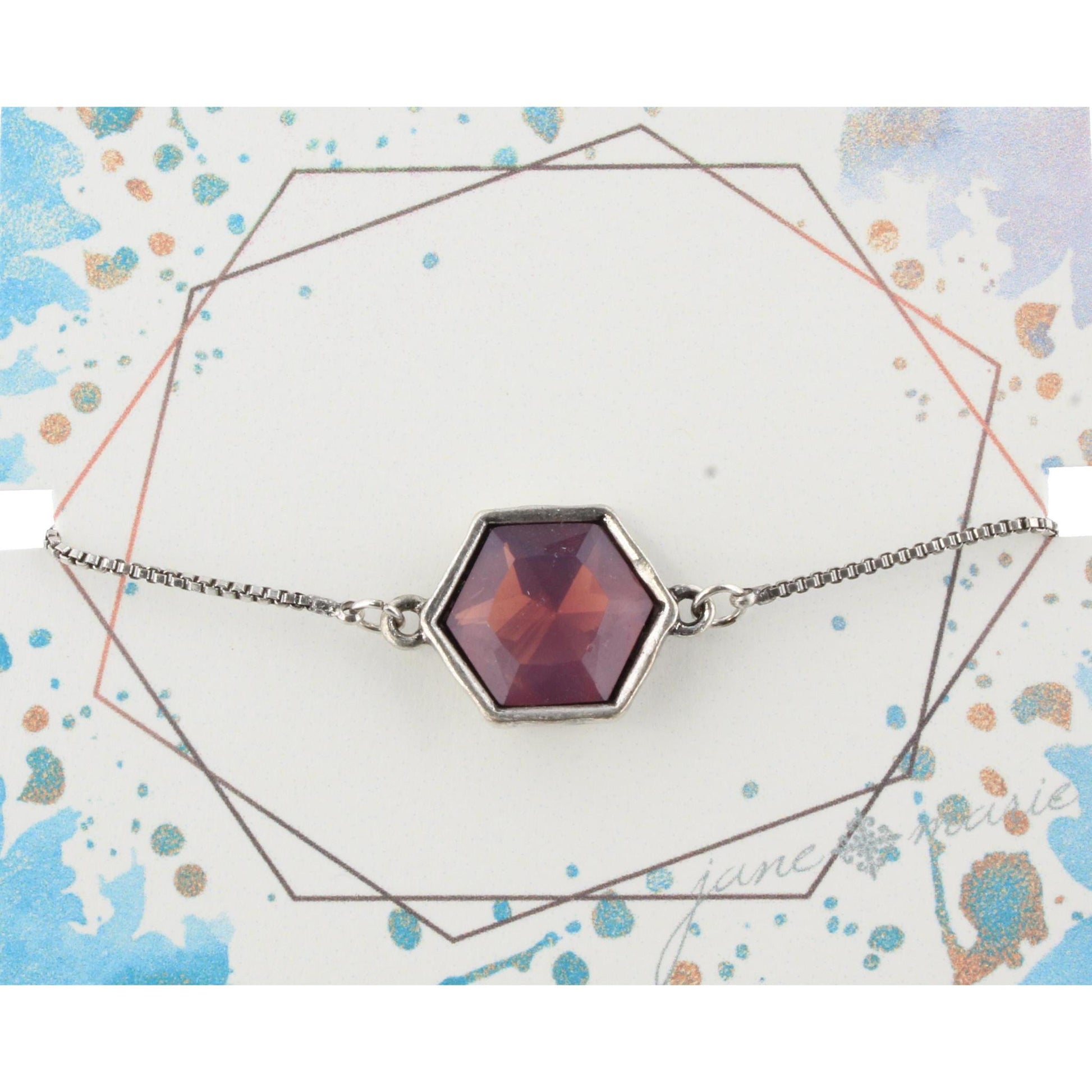 Silver Adjustable Chain Bracelet with Purple Hexagon Rhinestone
