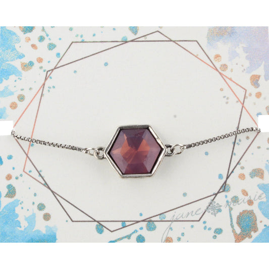 Silver Adjustable Chain Bracelet with Purple Hexagon Rhinestone