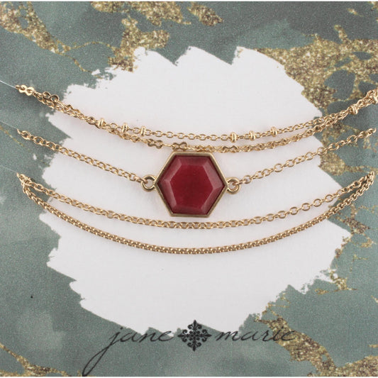Gold Multi Strand Adjustable Bracelet with Burgundy Hexagon