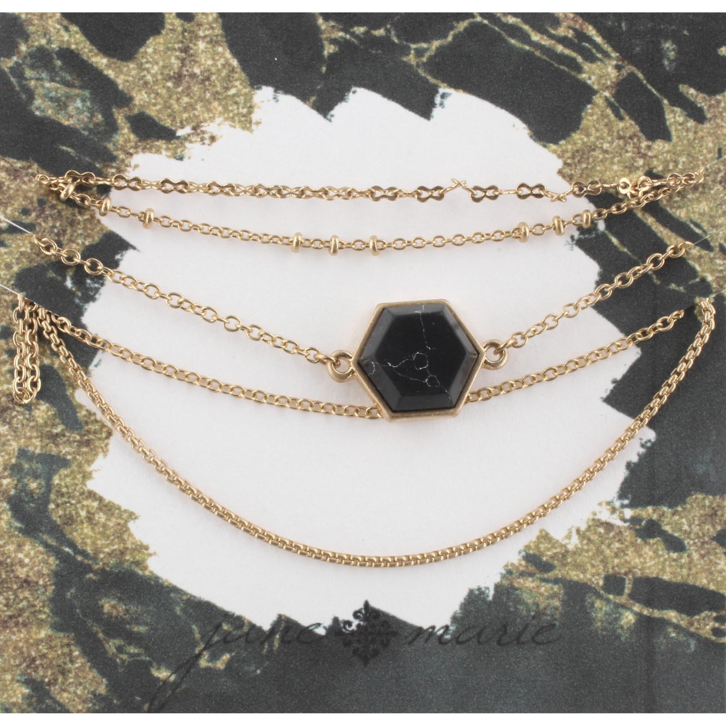 Gold Multi Strand Adjustable Bracelet with Jet Howlite Hexagon