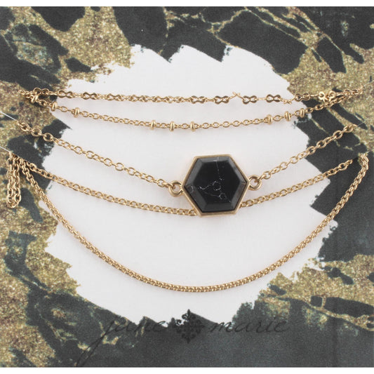 Gold Multi Strand Adjustable Bracelet with Jet Howlite Hexagon