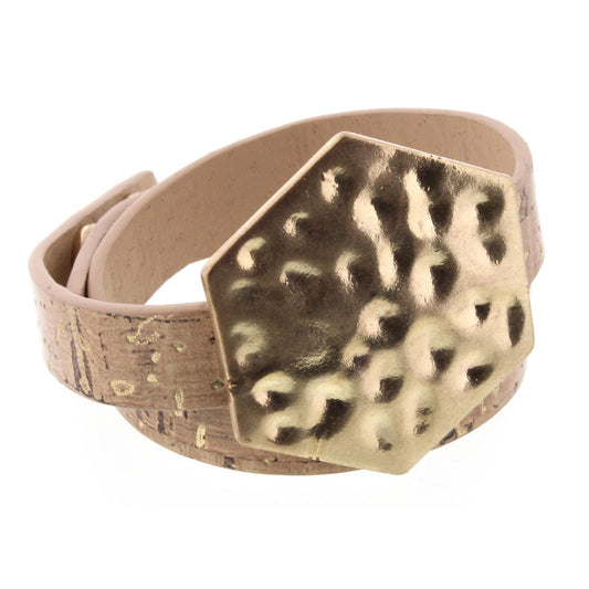 Cork Wrap Bracelet with Gold Hammered Hexagon