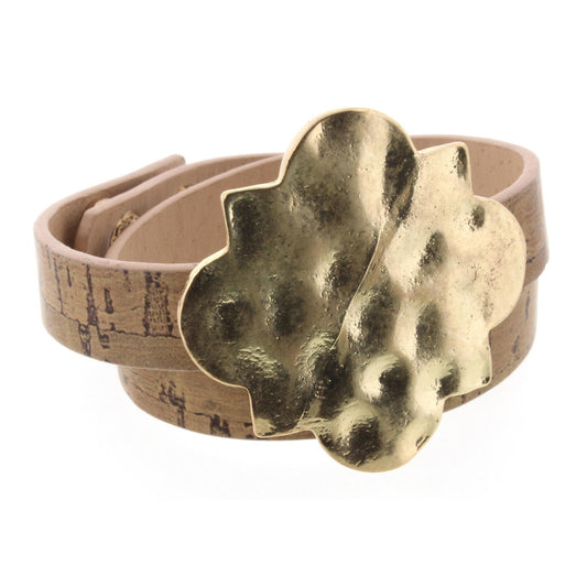 Cork Wrap Bracelet with Gold Hammered Ornate Shape