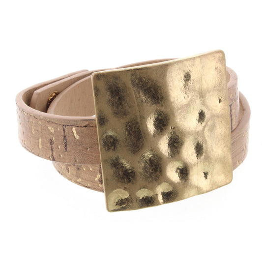 Cork Wrap Bracelet with Gold Hammered Square
