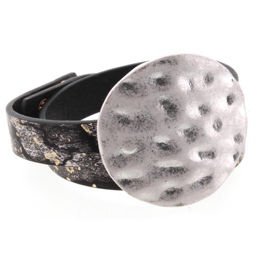 Black with Silver Fleck Wrap Bracelet with Silver Hammered Circle