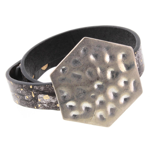 Black with Silver Fleck Wrap Bracelet with Silver Hammered Hexagon