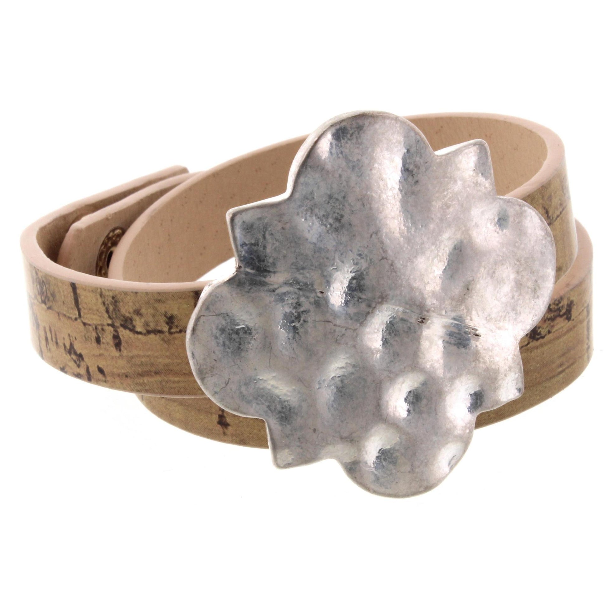Cork Wrap Bracelet with Silver Hammered Ornate Shape