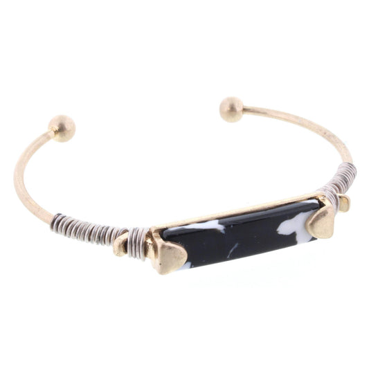 Jet/White Resin Wire Wrapped Rectangle Cuff Bracelet