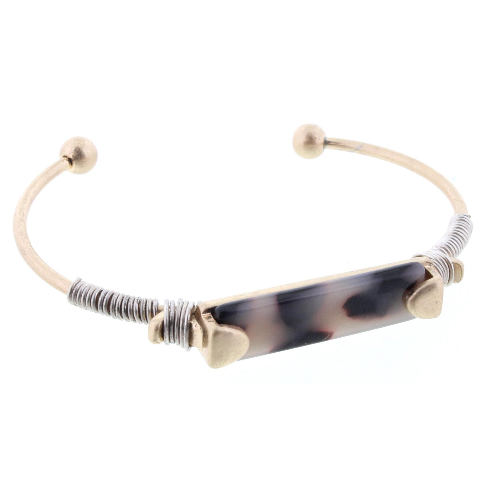 Light Brown Leopard Resin Wire Wrapped Rectangle Cuff Bracelet