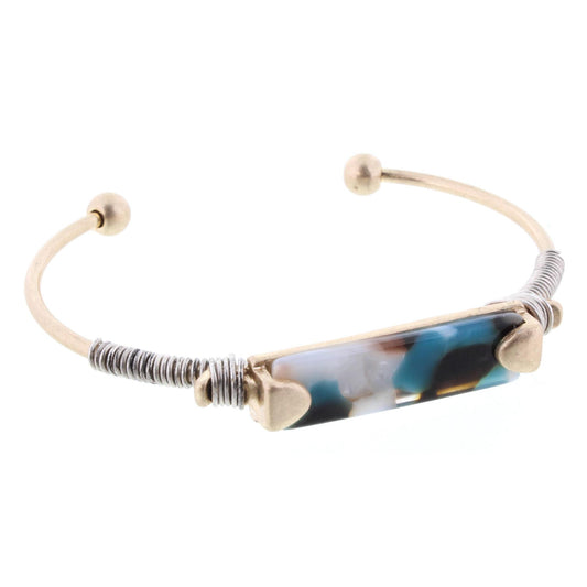 Turquoise, White, and Brown Resin Wire Wrapped Rectangle Cuff Bracelet