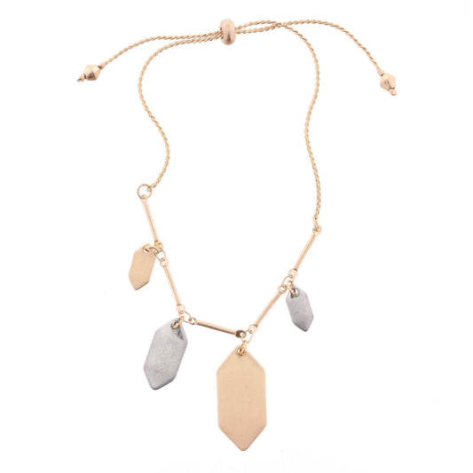 Gold Adjustable Pull Cord Bracelet with 2-Tone Long Hexagon Dangles