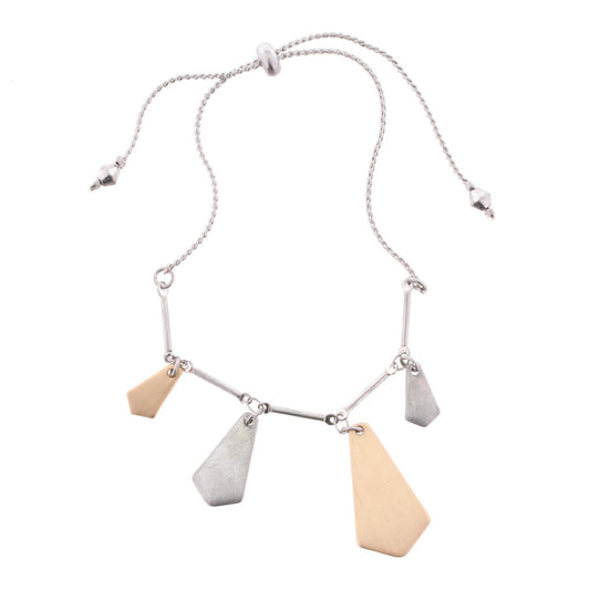 Silver Adjustable Pull Cord Bracelet with 2-Tone Irregular Rhombus Dangles