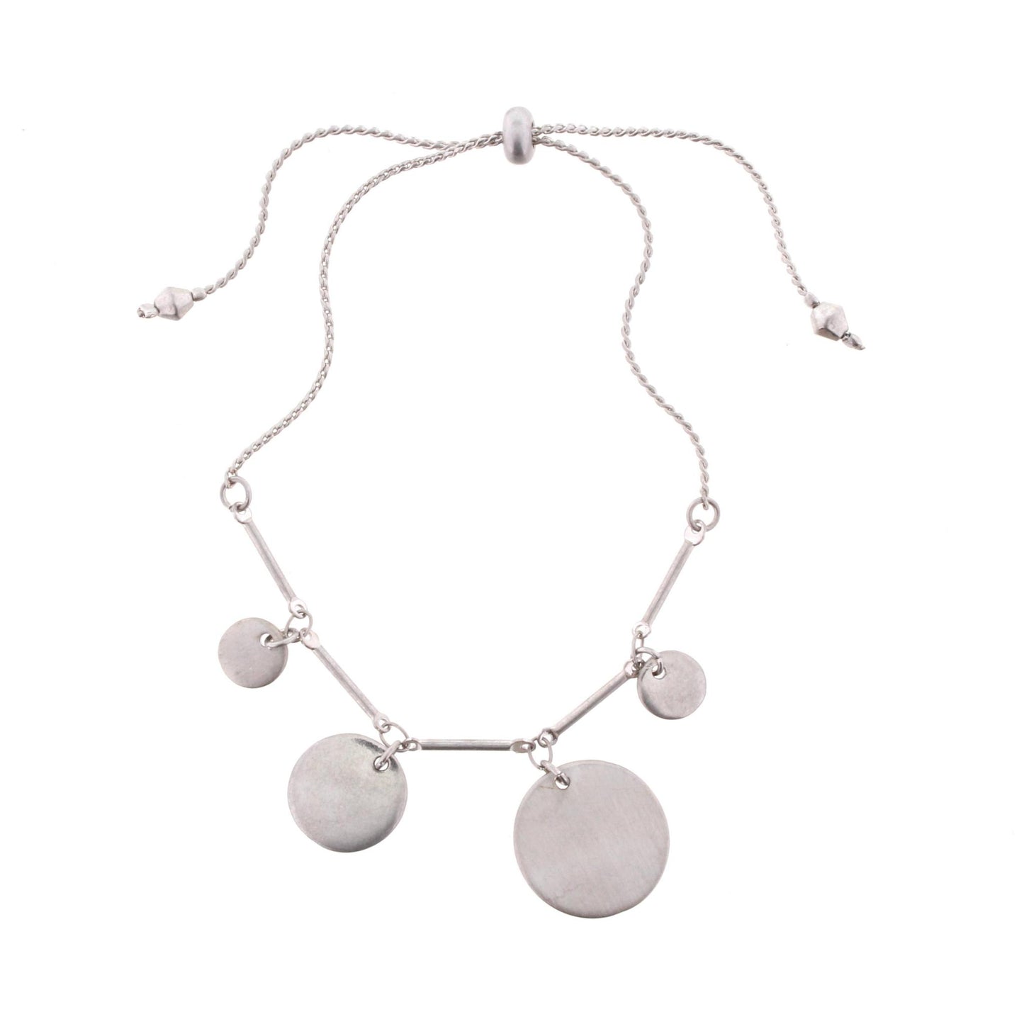 Silver Adjustable Pull Cord Bracelet with Silver Circle Dangles