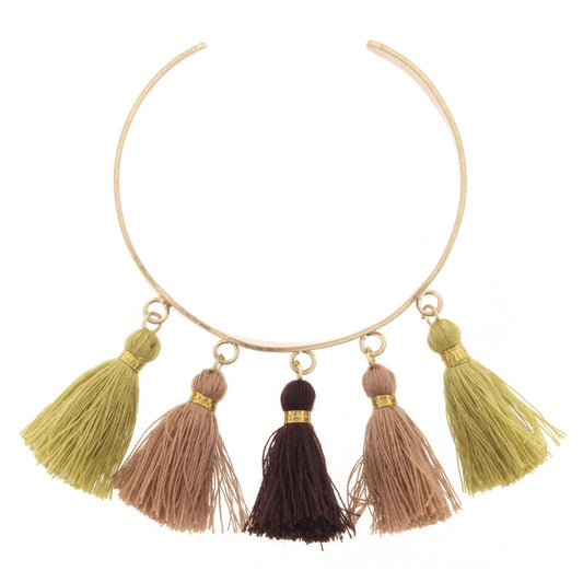 Gold Metal Cuff Bracelet with Dark Brown, Pear, and Light Brown Tassels