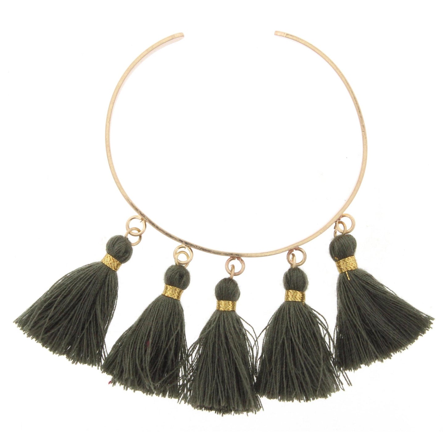 Gold Metal Cuff Bracelet with Dark Green Tassels