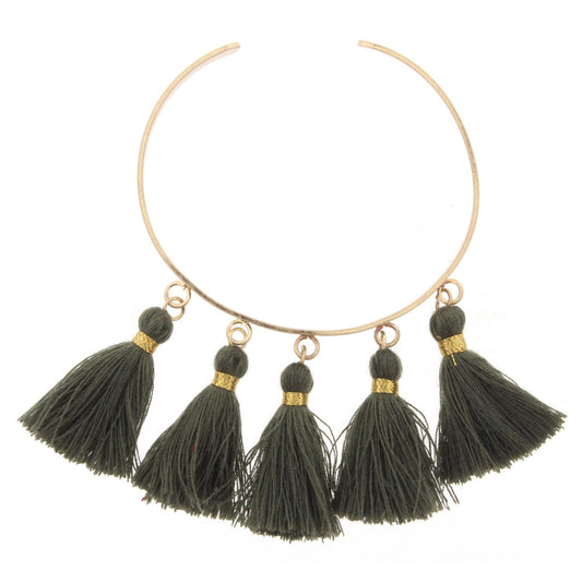 Gold Metal Cuff Bracelet with Dark Green Tassels