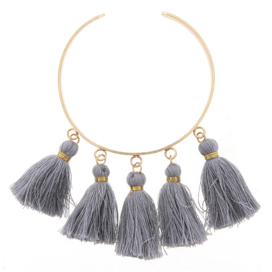 Gold Metal Cuff Bracelet with Grey Tassels