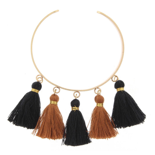 Gold Metal Cuff Bracelet with Jet and Brown Tassels