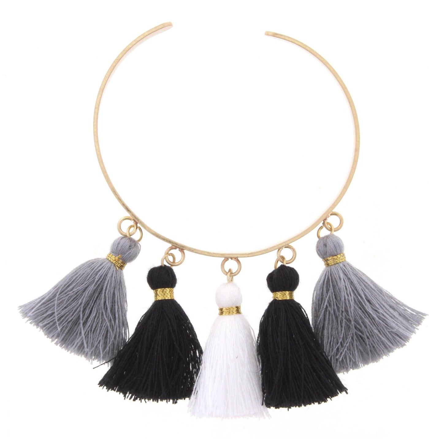 Gold Metal Cuff Bracelet with Jet, Grey, and White Tassels