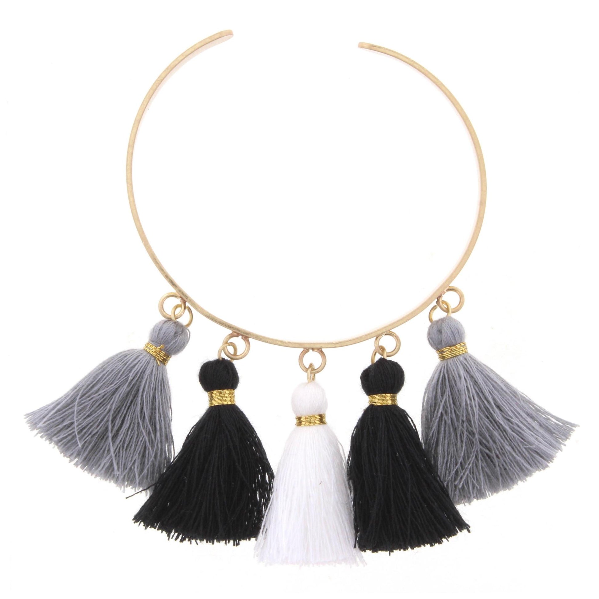 Gold Metal Cuff Bracelet with Jet, Grey, and White Tassels