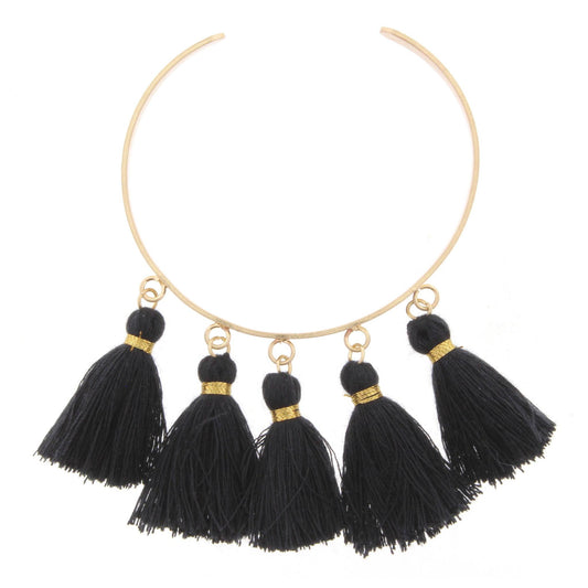Gold Metal Cuff Bracelet with Jet Tassels