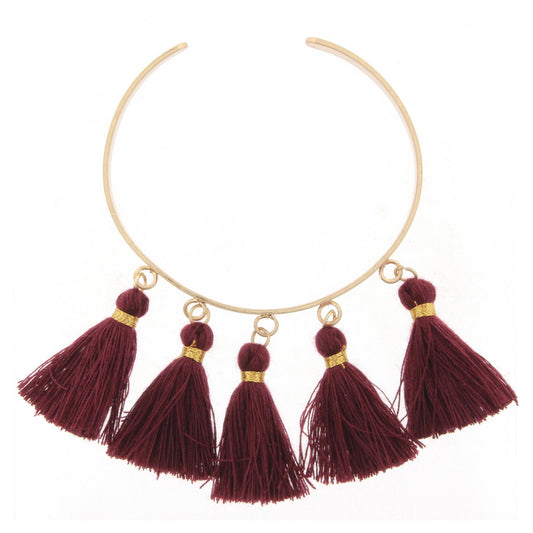 Gold Metal Cuff Bracelet with Maroon Tassels