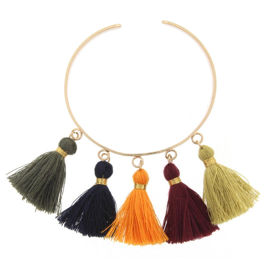 Gold Metal Cuff Bracelet with Dark Green, Navy, Orange, Maroon , and Pear Tassels