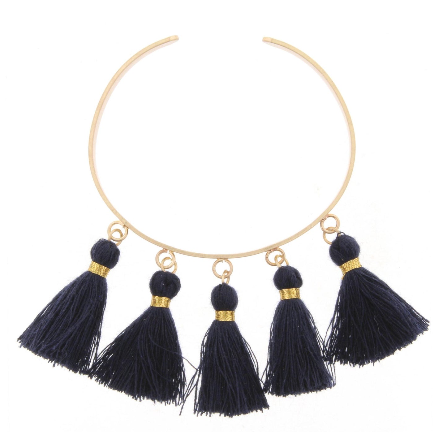 Gold Metal Cuff Bracelet with Navy Tassels
