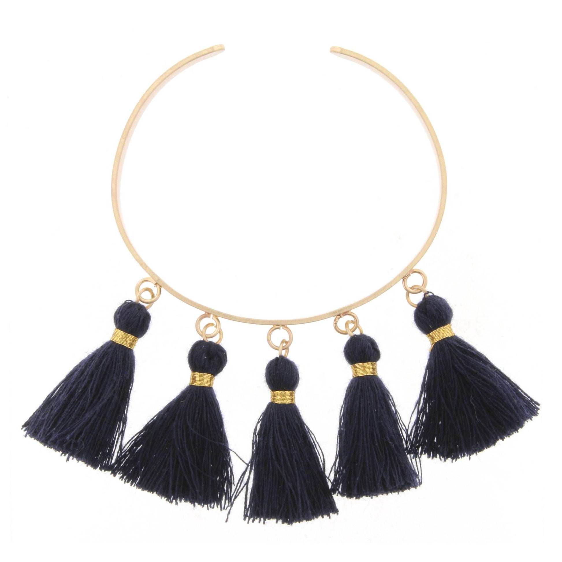 Gold Metal Cuff Bracelet with Navy Tassels