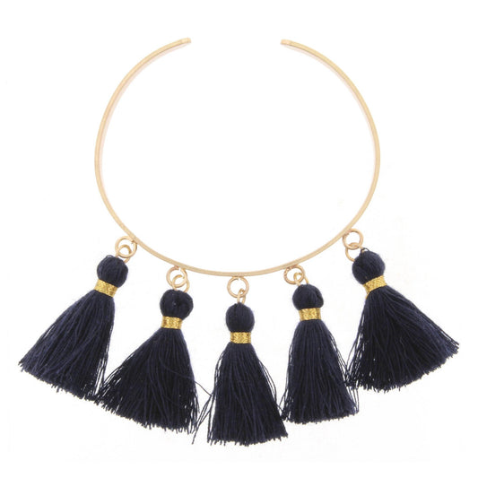 Gold Metal Cuff Bracelet with Navy Tassels