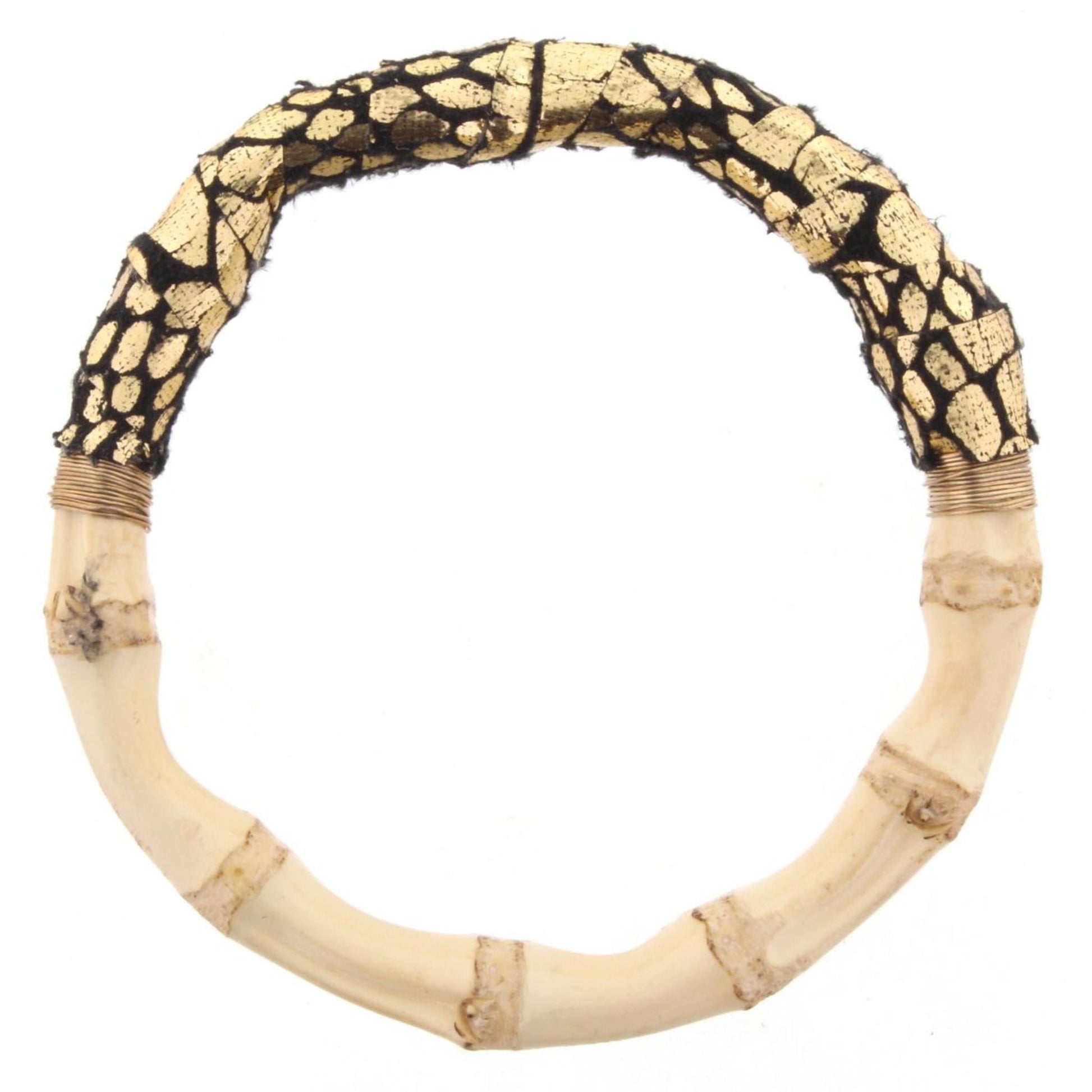 Bamboo Bangle Bracelet with Black & Gold Snakeskin Leather Wrap