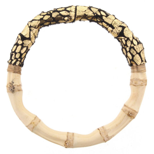 Bamboo Bangle Bracelet with Black & Gold Snakeskin Leather Wrap