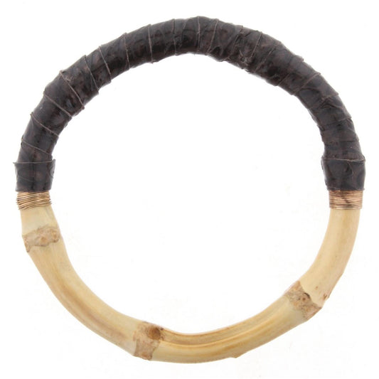 Bamboo Bangle Bracelet with Dark Brown Snakeskin Leather Wrap
