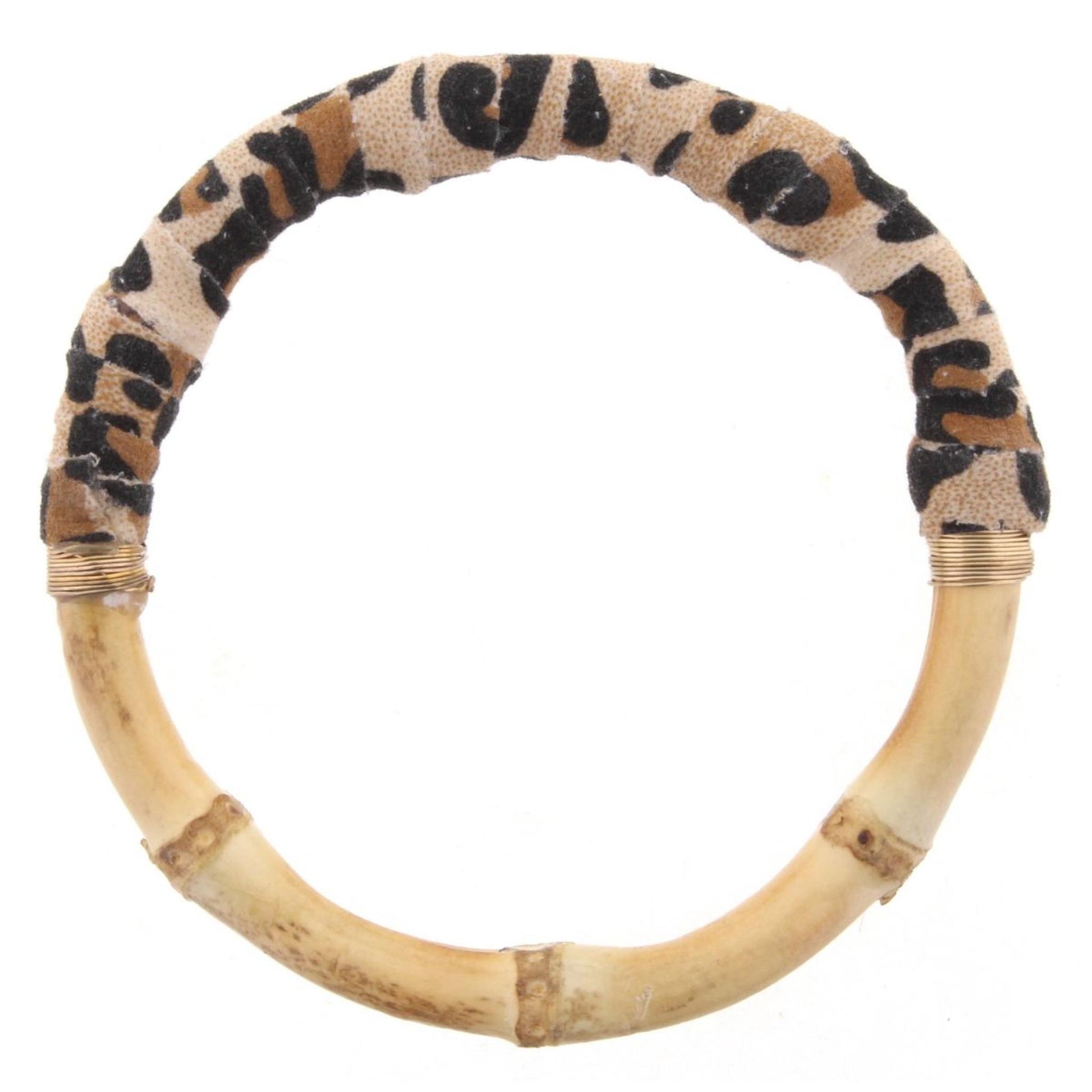 Bamboo Bangle Bracelet with Leopard Print Leather Wrap