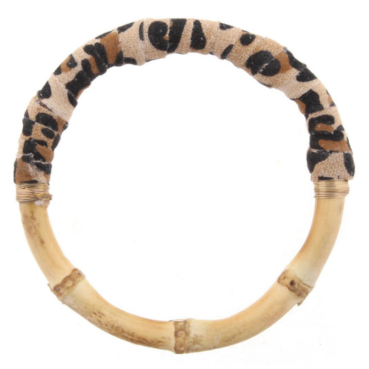 Bamboo Bangle Bracelet with Leopard Print Leather Wrap