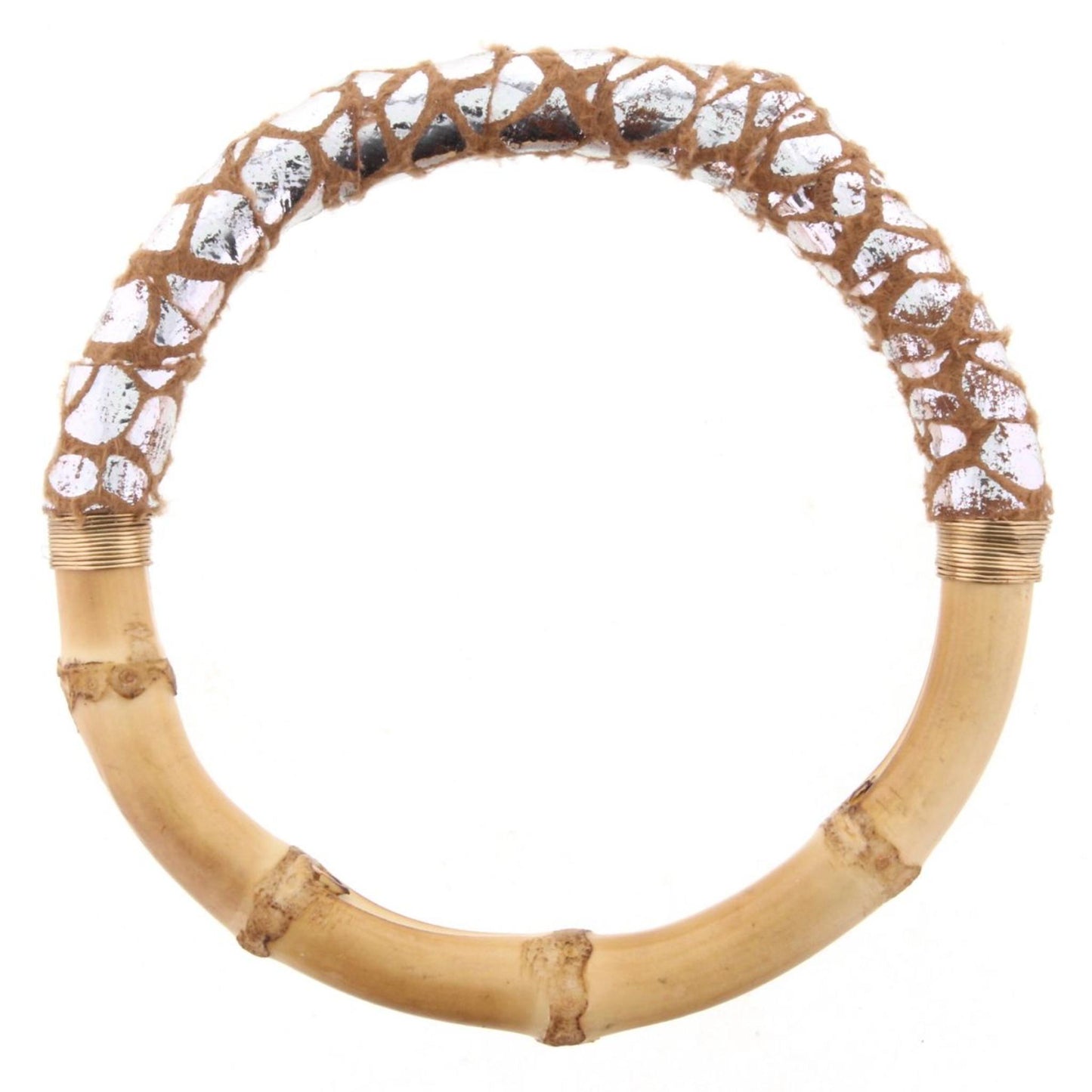 Bamboo Bangle Bracelet with Silver & Brown Snakeskin Leather Wrap
